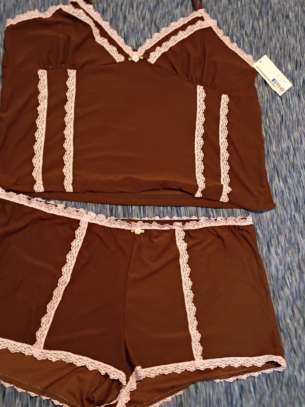 Brown & Pink Lace Trim Women's Cami and Shorts Sleep Set
